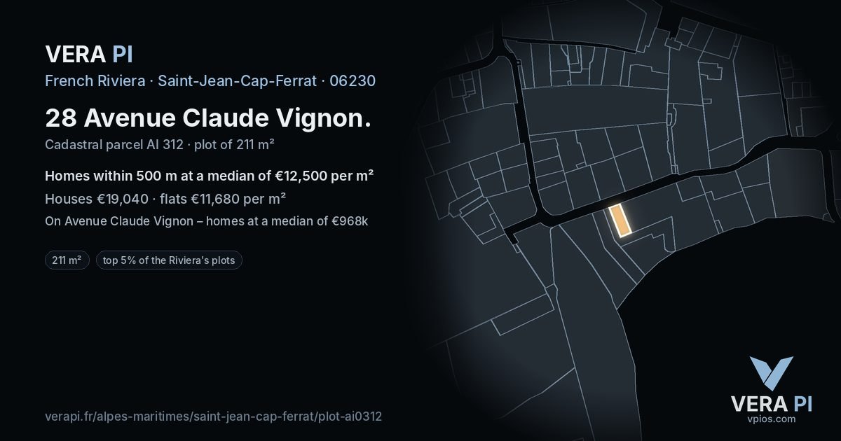 28 Avenue Claude Vignon, Saint-Jean-Cap-Ferrat at night – the plot lit, the parcels around coloured by the prices near them