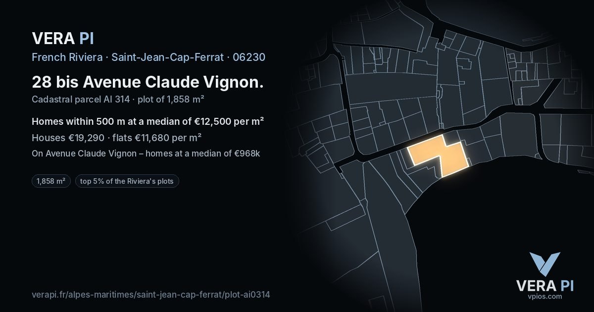 28 bis Avenue Claude Vignon, Saint-Jean-Cap-Ferrat at night – the plot lit, the parcels around coloured by the prices near them