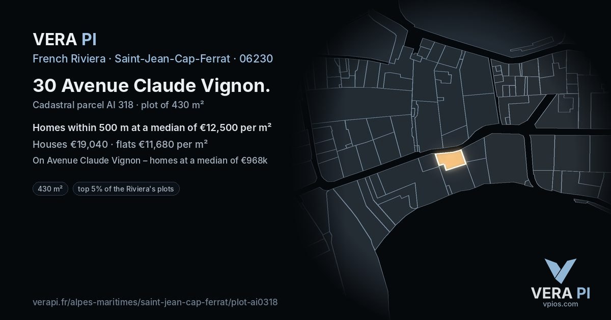 30 Avenue Claude Vignon, Saint-Jean-Cap-Ferrat at night – the plot lit, the parcels around coloured by the prices near them