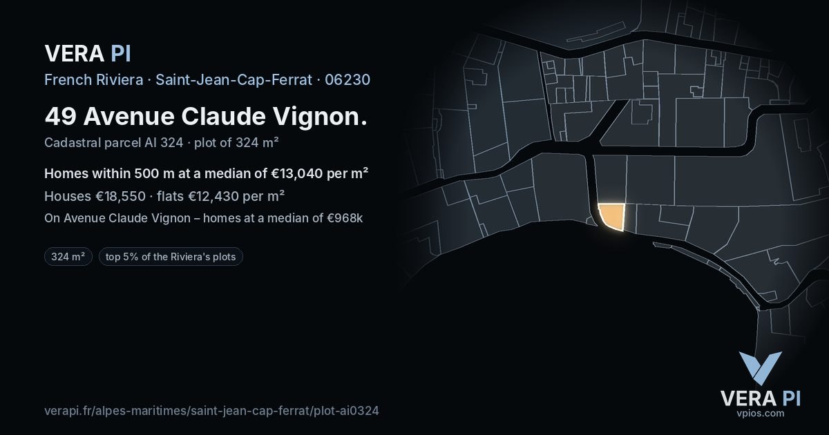 49 Avenue Claude Vignon, Saint-Jean-Cap-Ferrat at night – the plot lit, the parcels around coloured by the prices near them