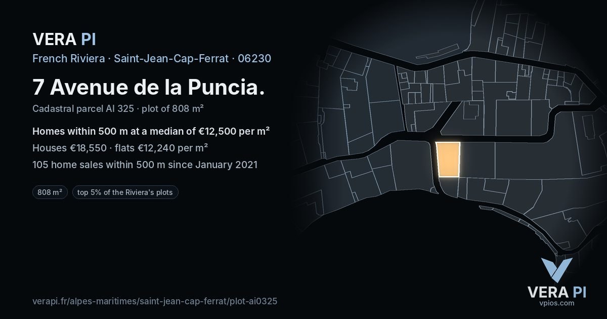 7 Avenue de la Puncia, Saint-Jean-Cap-Ferrat at night – the plot lit, the parcels around coloured by the prices near them
