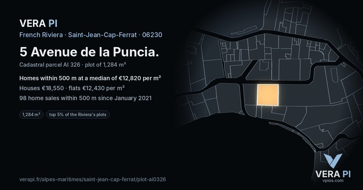 5 Avenue de la Puncia, Saint-Jean-Cap-Ferrat at night – the plot lit, the parcels around coloured by the prices near them