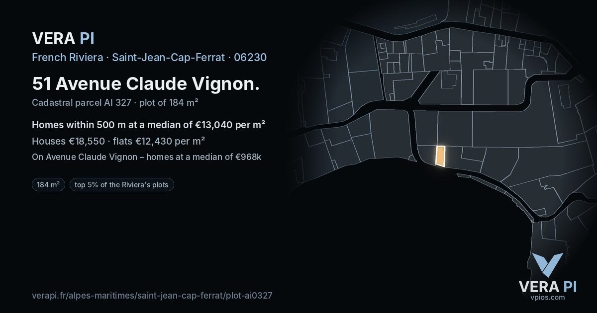 51 Avenue Claude Vignon, Saint-Jean-Cap-Ferrat at night – the plot lit, the parcels around coloured by the prices near them