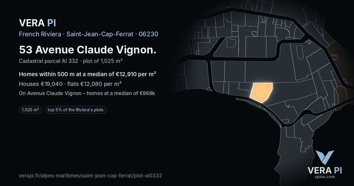 53 Avenue Claude Vignon, Saint-Jean-Cap-Ferrat at night – the plot lit, the parcels around coloured by the prices near them