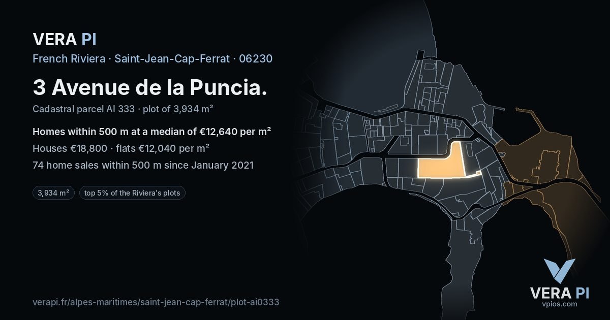 3 Avenue de la Puncia, Saint-Jean-Cap-Ferrat at night – the plot lit, the parcels around coloured by the prices near them