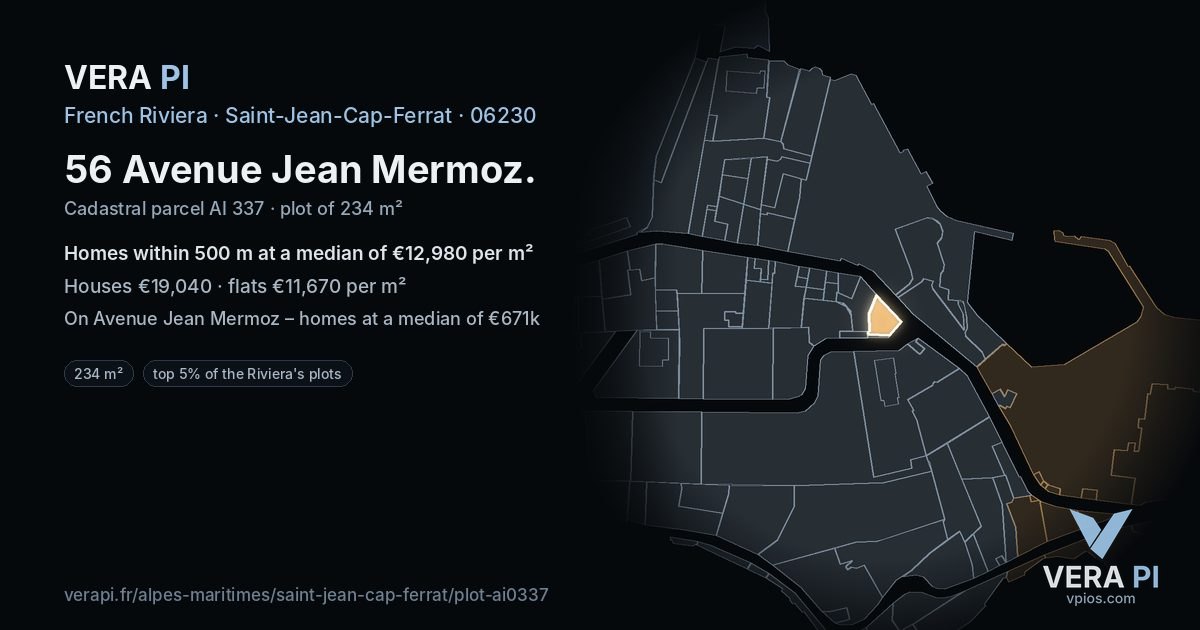 56 Avenue Jean Mermoz, Saint-Jean-Cap-Ferrat at night – the plot lit, the parcels around coloured by the prices near them