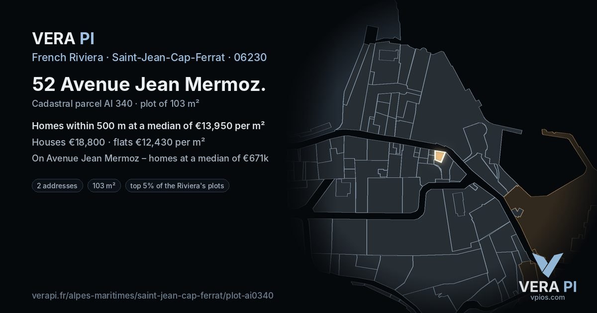 52 Avenue Jean Mermoz, Saint-Jean-Cap-Ferrat at night – the plot lit, the parcels around coloured by the prices near them