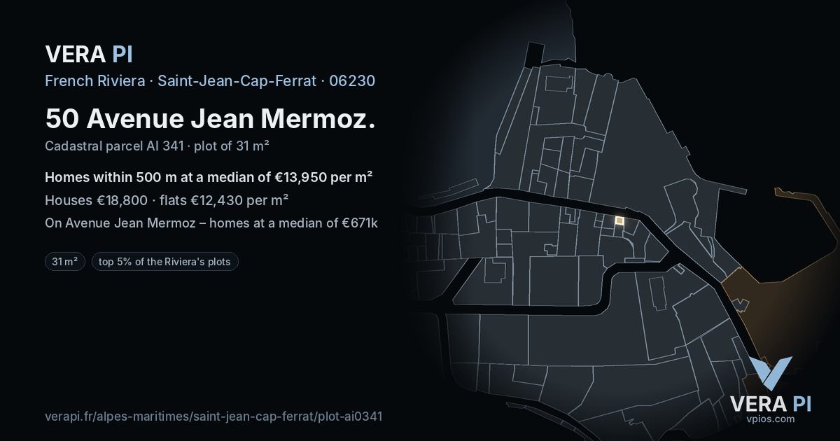 50 Avenue Jean Mermoz, Saint-Jean-Cap-Ferrat at night – the plot lit, the parcels around coloured by the prices near them