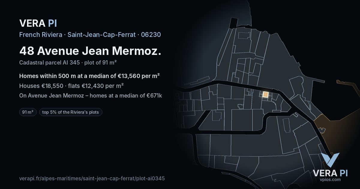 48 Avenue Jean Mermoz, Saint-Jean-Cap-Ferrat at night – the plot lit, the parcels around coloured by the prices near them