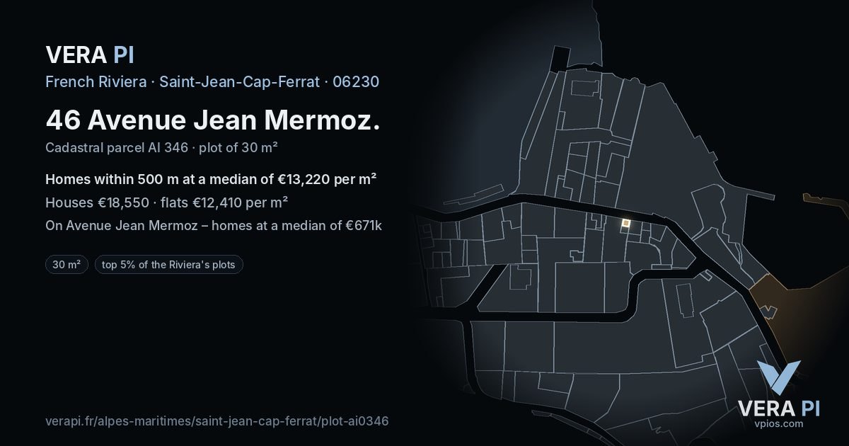 46 Avenue Jean Mermoz, Saint-Jean-Cap-Ferrat at night – the plot lit, the parcels around coloured by the prices near them