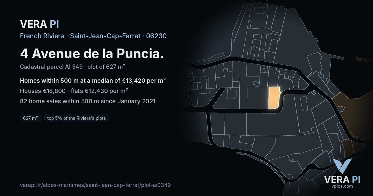 4 Avenue de la Puncia, Saint-Jean-Cap-Ferrat at night – the plot lit, the parcels around coloured by the prices near them