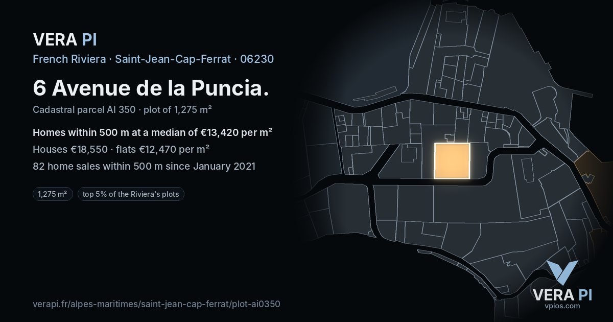 6 Avenue de la Puncia, Saint-Jean-Cap-Ferrat at night – the plot lit, the parcels around coloured by the prices near them
