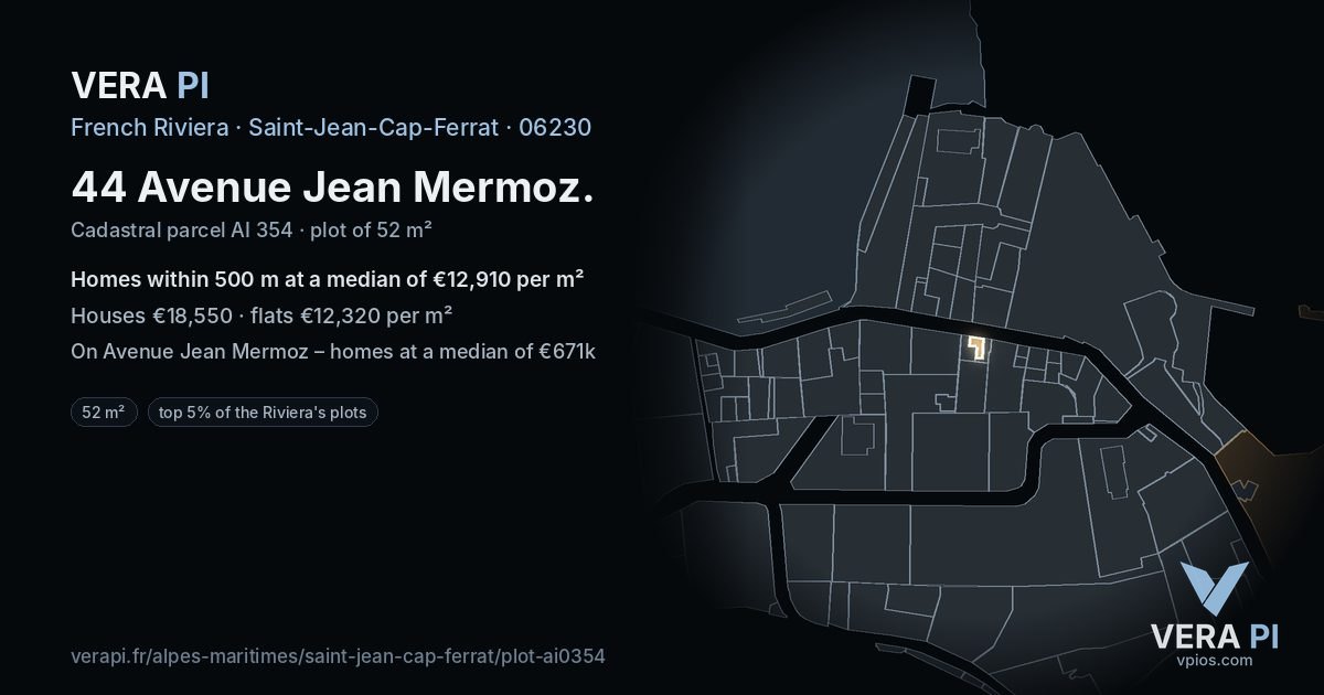 44 Avenue Jean Mermoz, Saint-Jean-Cap-Ferrat at night – the plot lit, the parcels around coloured by the prices near them