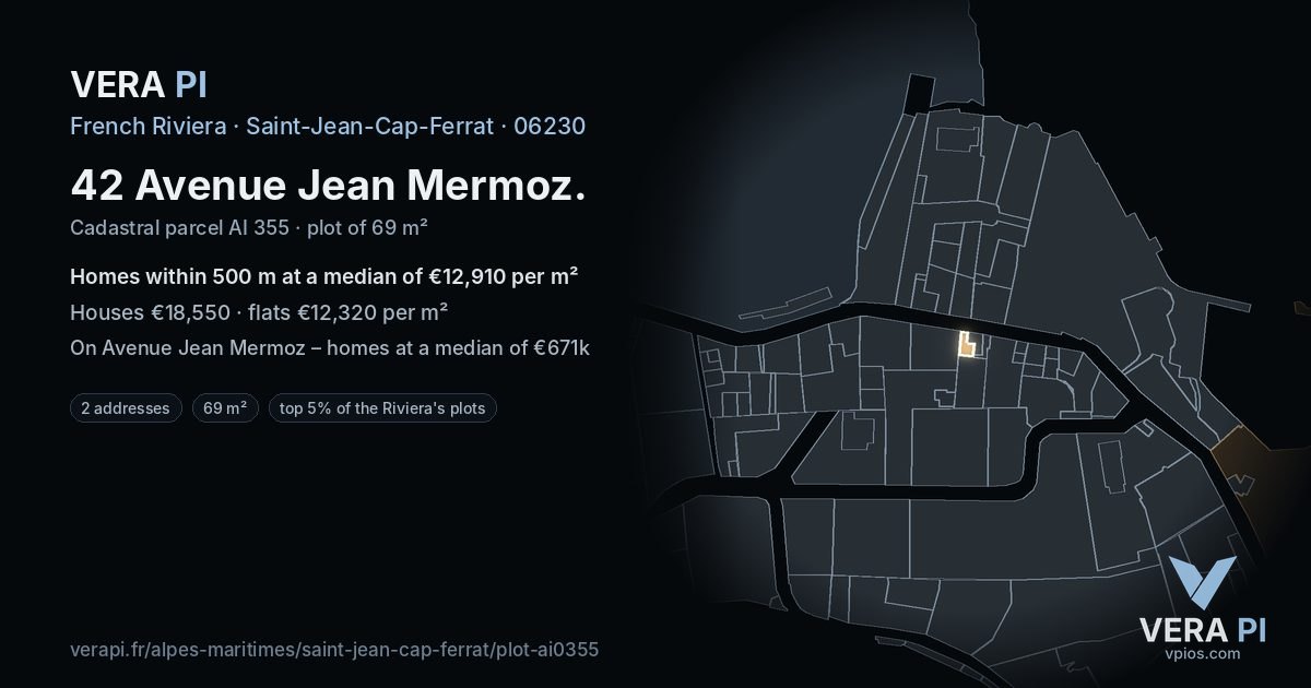 42 Avenue Jean Mermoz, Saint-Jean-Cap-Ferrat at night – the plot lit, the parcels around coloured by the prices near them