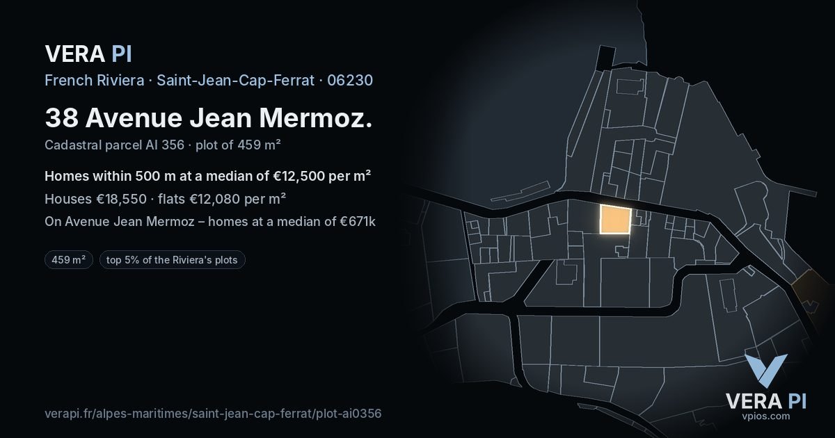 38 Avenue Jean Mermoz, Saint-Jean-Cap-Ferrat at night – the plot lit, the parcels around coloured by the prices near them