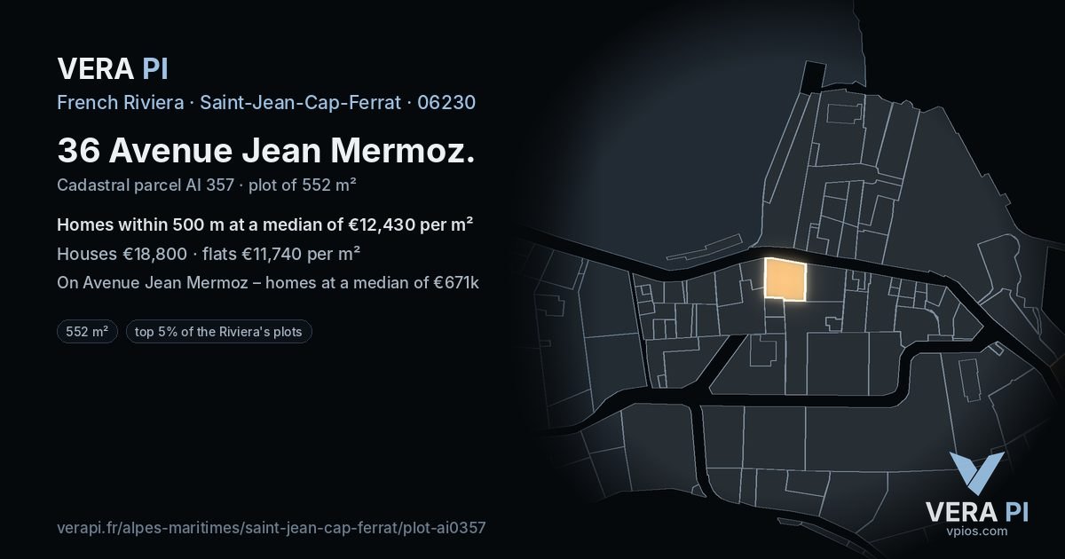 36 Avenue Jean Mermoz, Saint-Jean-Cap-Ferrat at night – the plot lit, the parcels around coloured by the prices near them