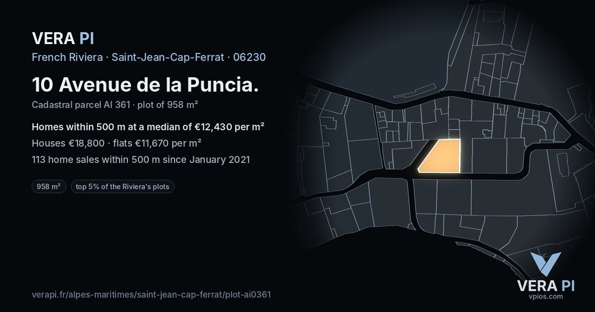 10 Avenue de la Puncia, Saint-Jean-Cap-Ferrat at night – the plot lit, the parcels around coloured by the prices near them