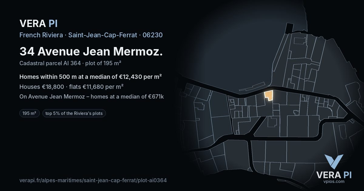 34 Avenue Jean Mermoz, Saint-Jean-Cap-Ferrat at night – the plot lit, the parcels around coloured by the prices near them