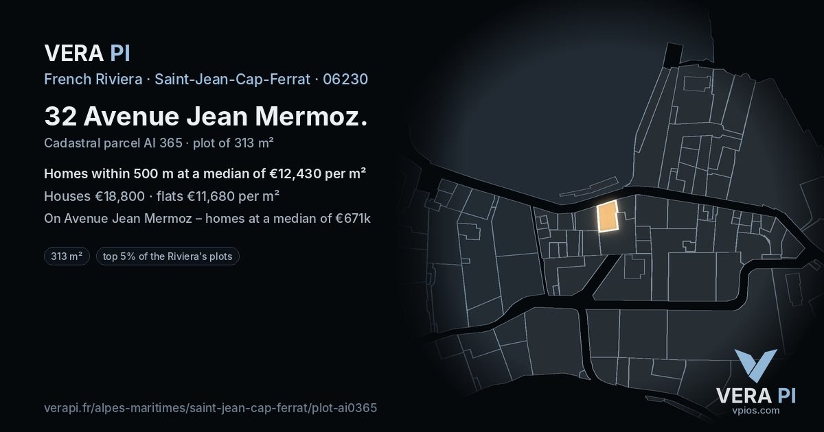 32 Avenue Jean Mermoz, Saint-Jean-Cap-Ferrat at night – the plot lit, the parcels around coloured by the prices near them