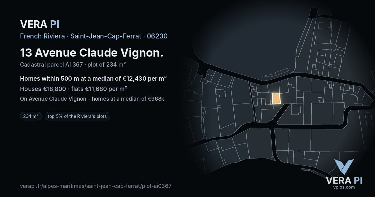 13 Avenue Claude Vignon, Saint-Jean-Cap-Ferrat at night – the plot lit, the parcels around coloured by the prices near them