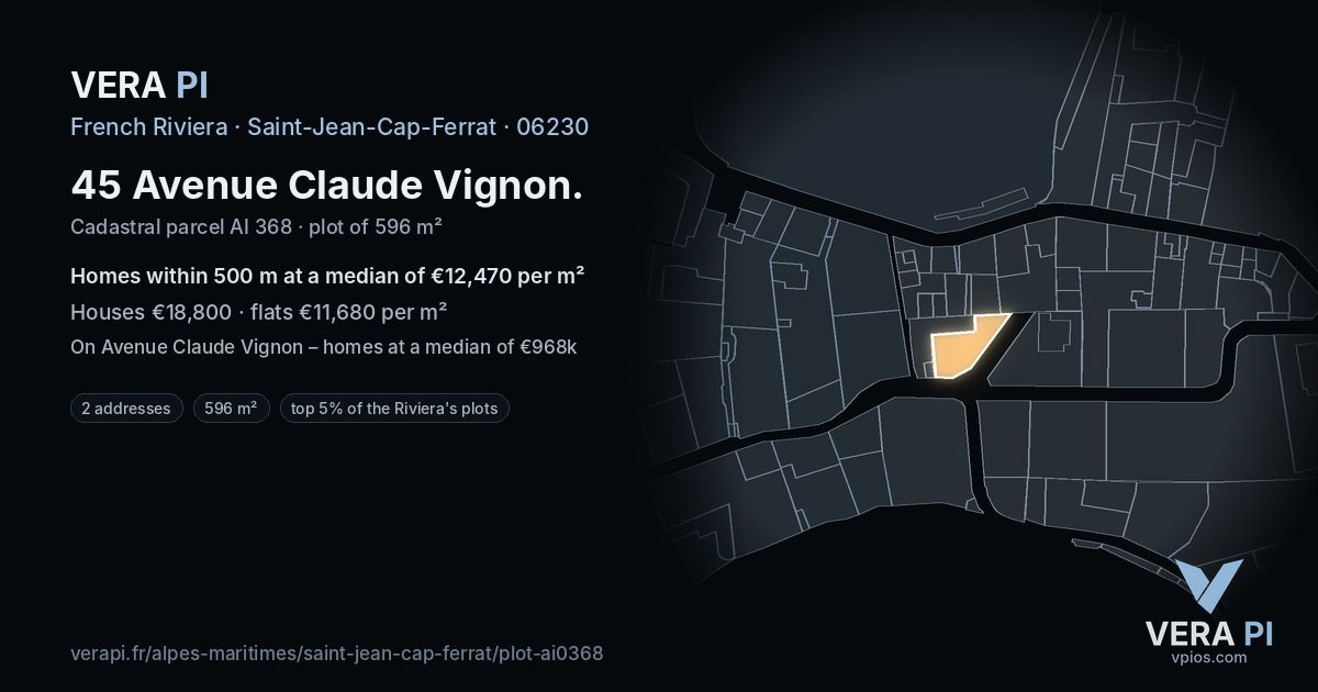 45 Avenue Claude Vignon, Saint-Jean-Cap-Ferrat at night – the plot lit, the parcels around coloured by the prices near them