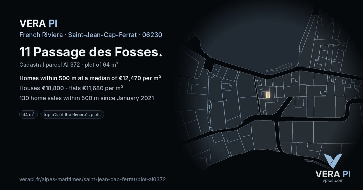 11 Passage des Fosses, Saint-Jean-Cap-Ferrat at night – the plot lit, the parcels around coloured by the prices near them