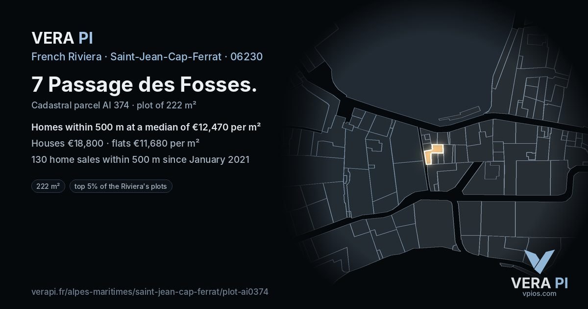 7 Passage des Fosses, Saint-Jean-Cap-Ferrat at night – the plot lit, the parcels around coloured by the prices near them