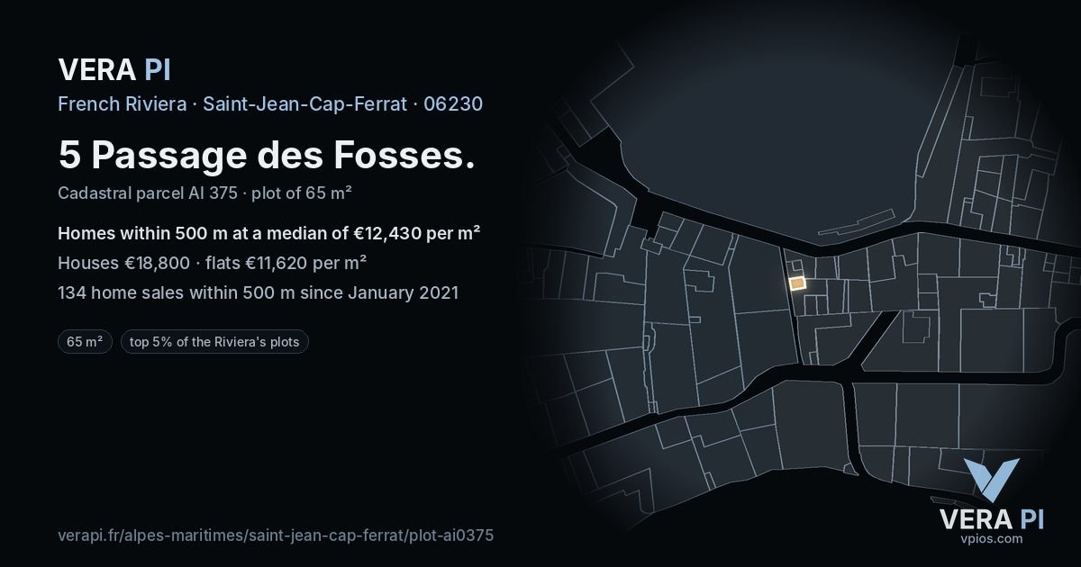 5 Passage des Fosses, Saint-Jean-Cap-Ferrat at night – the plot lit, the parcels around coloured by the prices near them