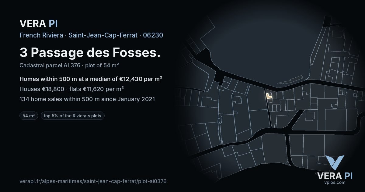 3 Passage des Fosses, Saint-Jean-Cap-Ferrat at night – the plot lit, the parcels around coloured by the prices near them