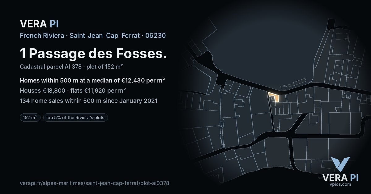 1 Passage des Fosses, Saint-Jean-Cap-Ferrat at night – the plot lit, the parcels around coloured by the prices near them