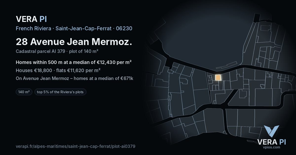 28 Avenue Jean Mermoz, Saint-Jean-Cap-Ferrat at night – the plot lit, the parcels around coloured by the prices near them