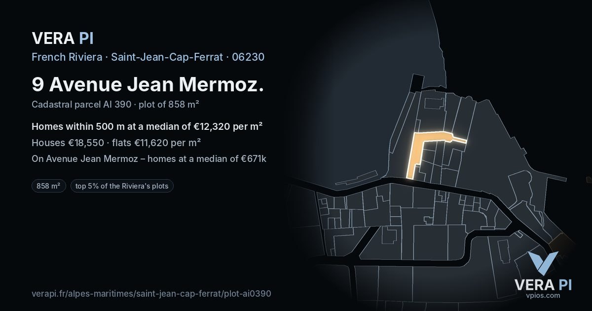 9 Avenue Jean Mermoz, Saint-Jean-Cap-Ferrat at night – the plot lit, the parcels around coloured by the prices near them