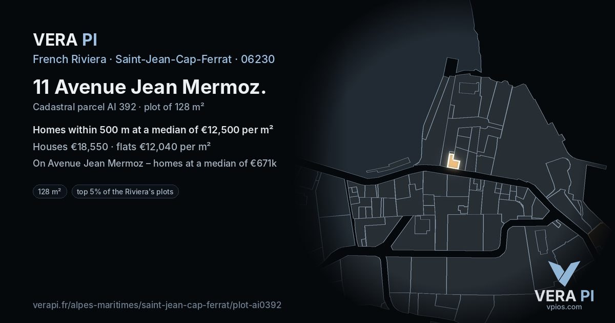 11 Avenue Jean Mermoz, Saint-Jean-Cap-Ferrat at night – the plot lit, the parcels around coloured by the prices near them