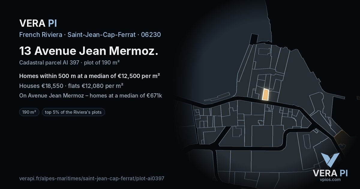13 Avenue Jean Mermoz, Saint-Jean-Cap-Ferrat at night – the plot lit, the parcels around coloured by the prices near them