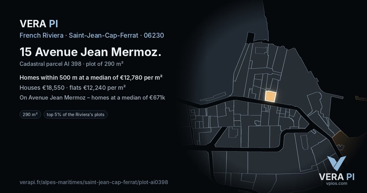 15 Avenue Jean Mermoz, Saint-Jean-Cap-Ferrat at night – the plot lit, the parcels around coloured by the prices near them