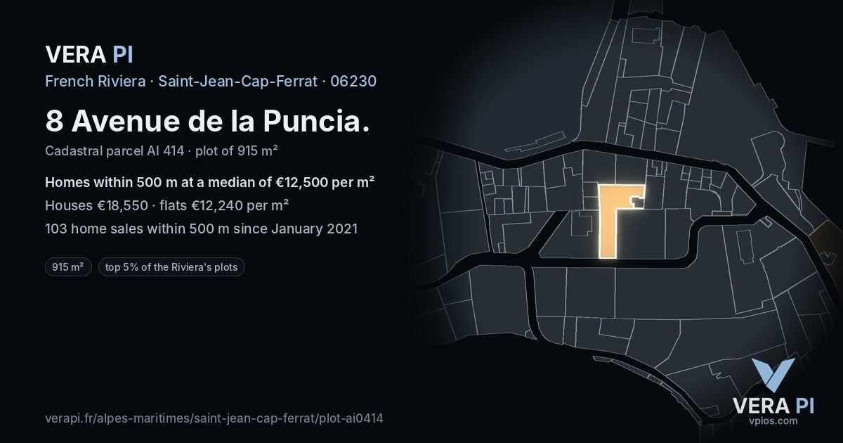 8 Avenue de la Puncia, Saint-Jean-Cap-Ferrat at night – the plot lit, the parcels around coloured by the prices near them