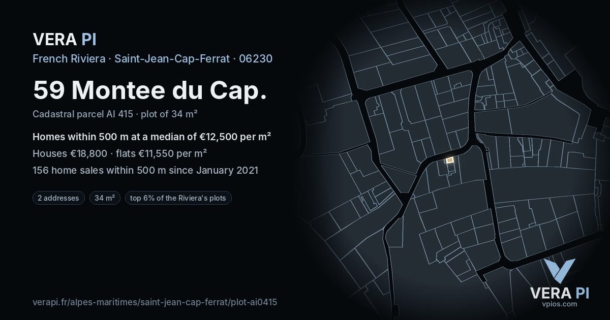59 Montee du Cap, Saint-Jean-Cap-Ferrat at night – the plot lit, the parcels around coloured by the prices near them