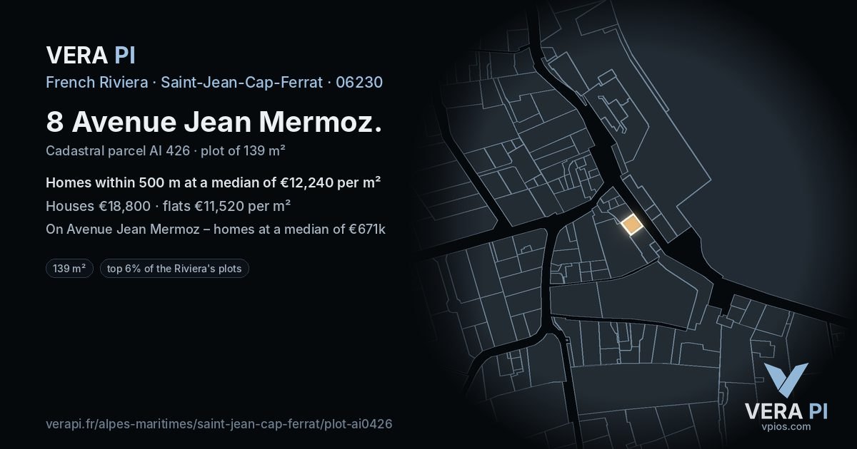8 Avenue Jean Mermoz, Saint-Jean-Cap-Ferrat at night – the plot lit, the parcels around coloured by the prices near them