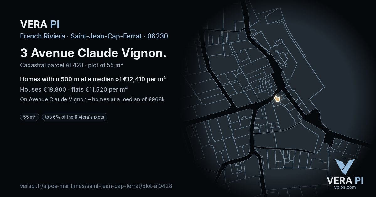 3 Avenue Claude Vignon, Saint-Jean-Cap-Ferrat at night – the plot lit, the parcels around coloured by the prices near them