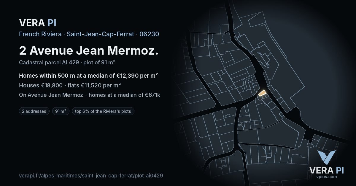 2 Avenue Jean Mermoz, Saint-Jean-Cap-Ferrat at night – the plot lit, the parcels around coloured by the prices near them