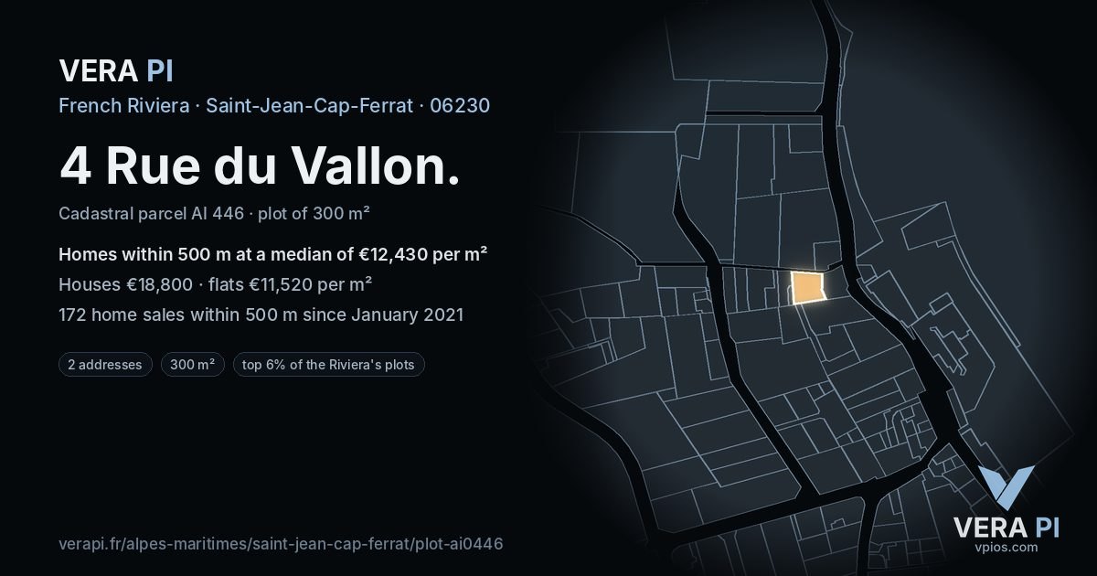 4 Rue du Vallon, Saint-Jean-Cap-Ferrat at night – the plot lit, the parcels around coloured by the prices near them