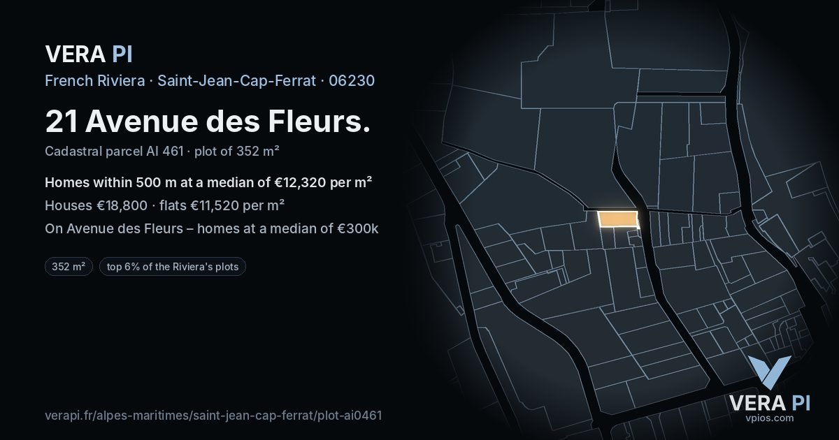 21 Avenue des Fleurs, Saint-Jean-Cap-Ferrat at night – the plot lit, the parcels around coloured by the prices near them