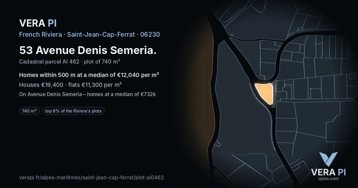 53 Avenue Denis Semeria, Saint-Jean-Cap-Ferrat at night – the plot lit, the parcels around coloured by the prices near them