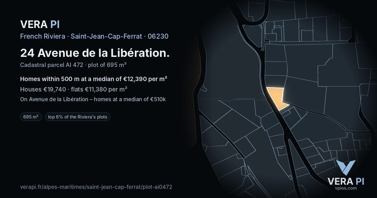 24 Avenue de la Libération, Saint-Jean-Cap-Ferrat at night – the plot lit, the parcels around coloured by the prices near them
