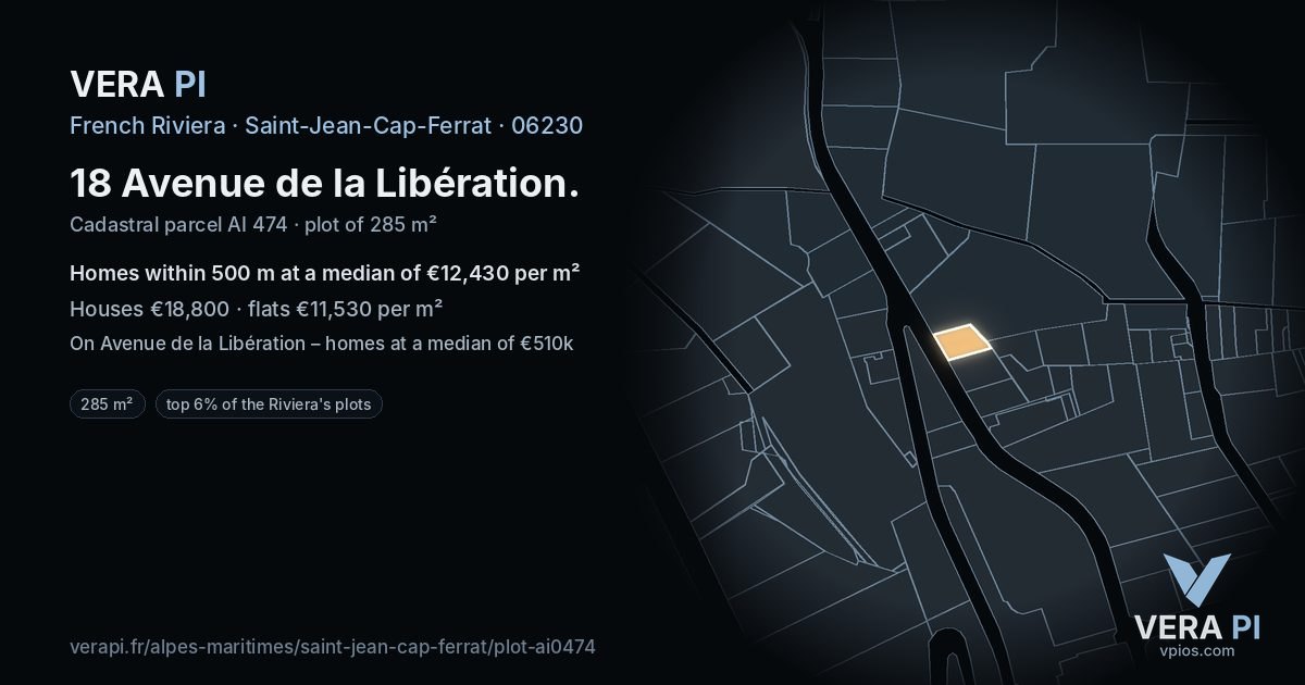 18 Avenue de la Libération, Saint-Jean-Cap-Ferrat at night – the plot lit, the parcels around coloured by the prices near them