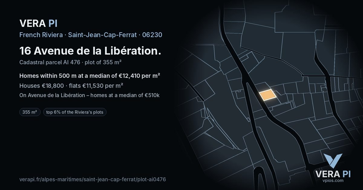 16 Avenue de la Libération, Saint-Jean-Cap-Ferrat at night – the plot lit, the parcels around coloured by the prices near them