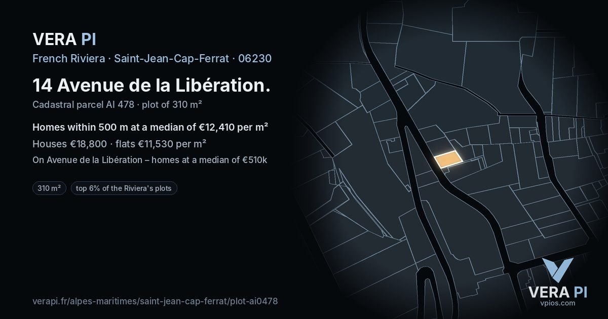 14 Avenue de la Libération, Saint-Jean-Cap-Ferrat at night – the plot lit, the parcels around coloured by the prices near them