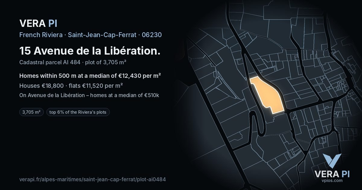 15 Avenue de la Libération, Saint-Jean-Cap-Ferrat at night – the plot lit, the parcels around coloured by the prices near them