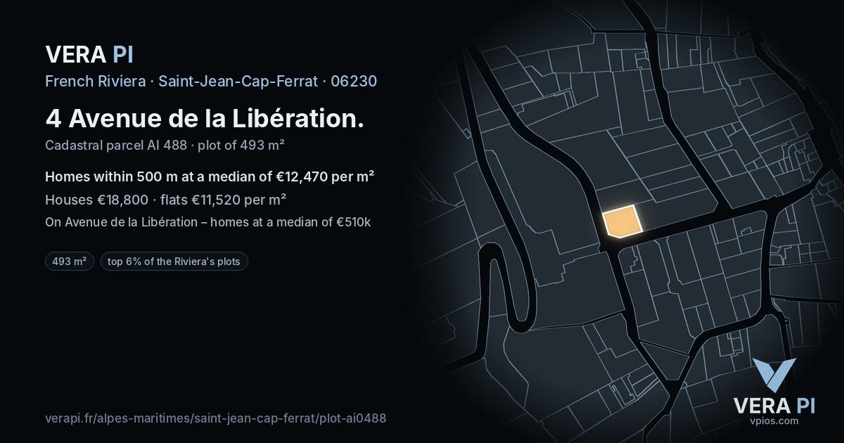 4 Avenue de la Libération, Saint-Jean-Cap-Ferrat at night – the plot lit, the parcels around coloured by the prices near them