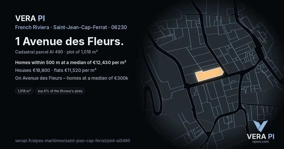 1 Avenue des Fleurs, Saint-Jean-Cap-Ferrat at night – the plot lit, the parcels around coloured by the prices near them